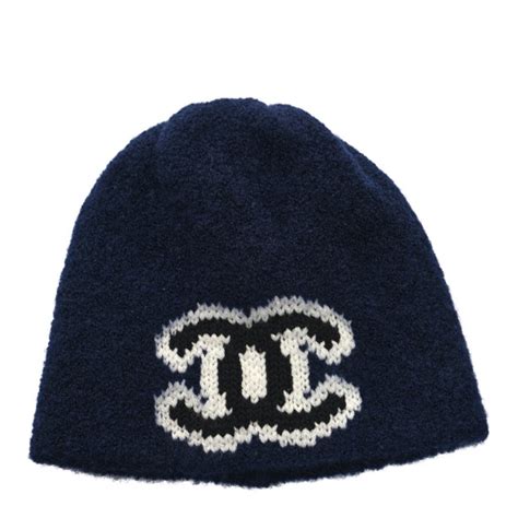 CHANEL Wool Cashmere CC Beanie Hat Navy Blue 